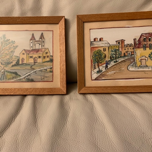PRICE DROP!!! Two Vintage Etching Watercolor Paintings by Luce French Scene.
